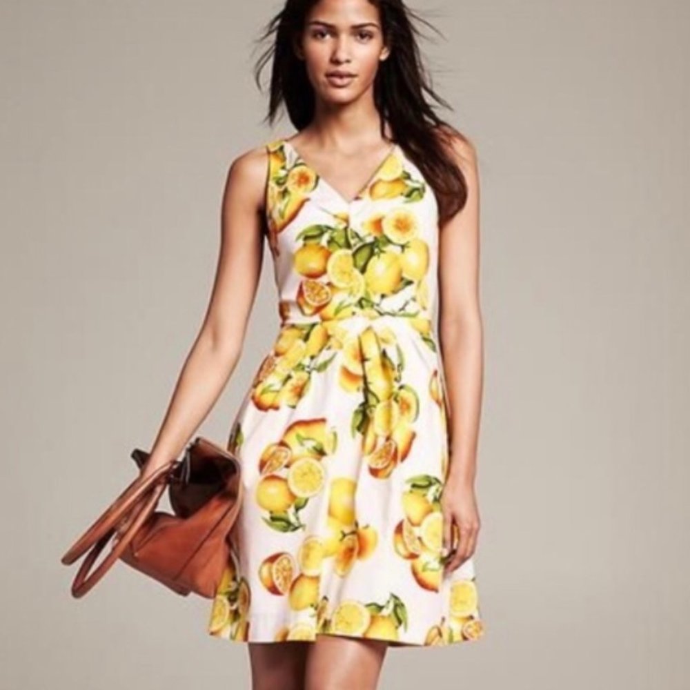 NWT! Banana Republic lemon print v neck pleated dress